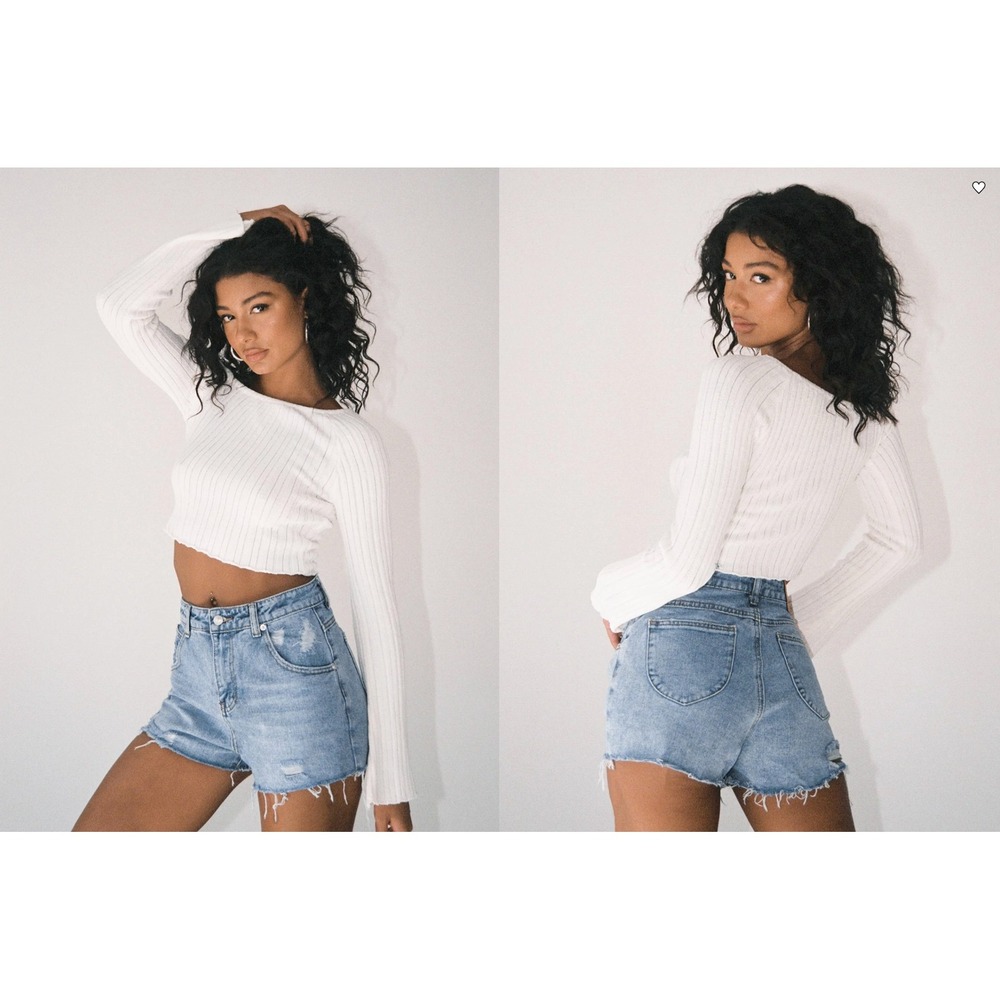 Princess Polly Shorts "Feels Like Summer" Denim Distressed Light Wash High Waist